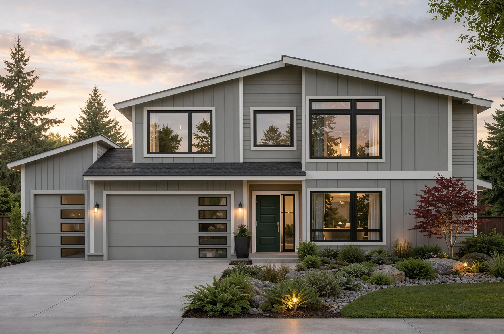 Modern two-story house with gray exterior, black window frames, and a green front door. A landscaped yard with rocks, plants, and small trees is visible, with outdoor lighting illuminating the garden at sunset.