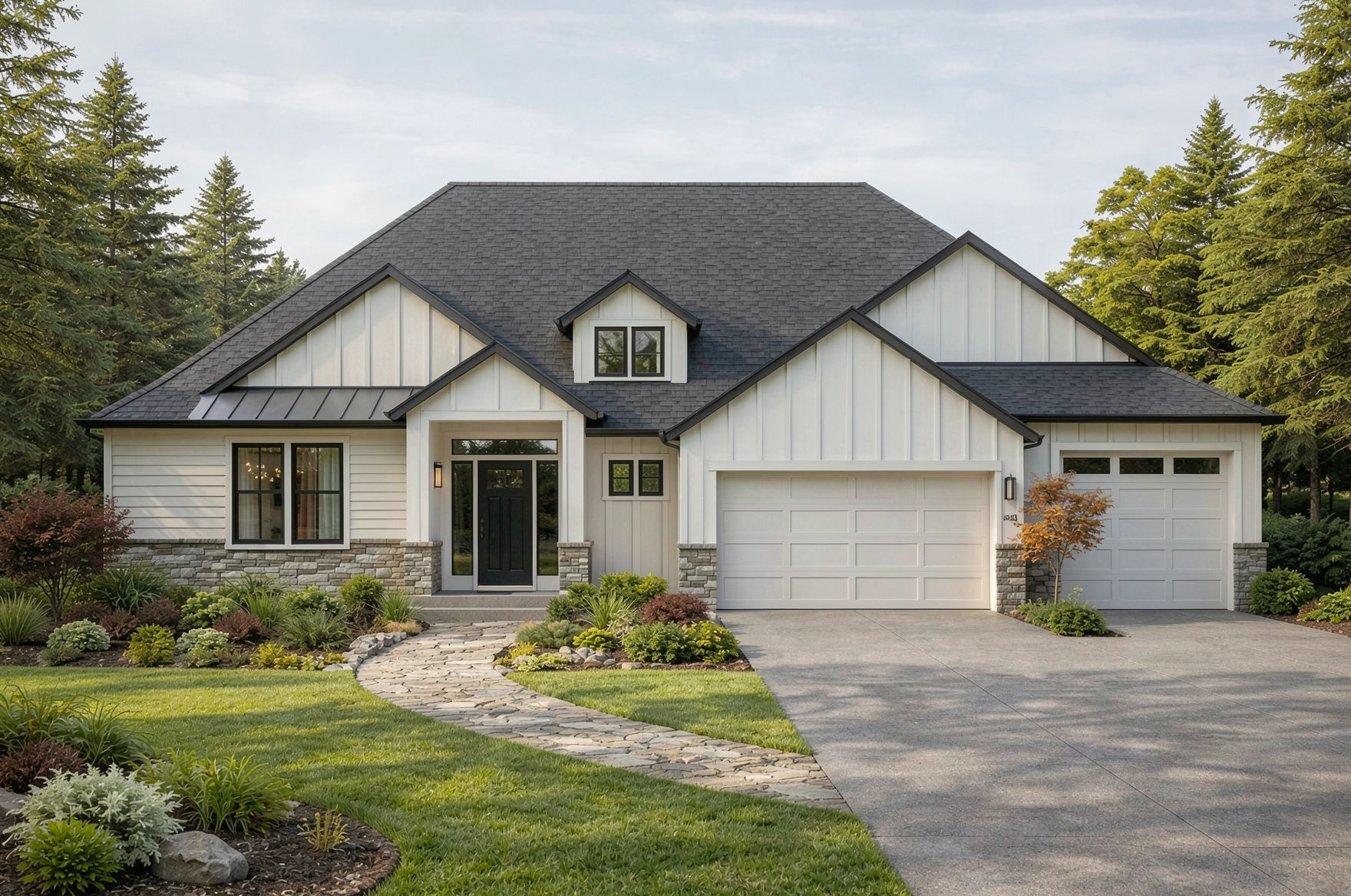 Front view of a modern two-story house with a black roof, white exterior siding, stone accents, a two-car garage, and a landscaped yard with plants and a walkway.