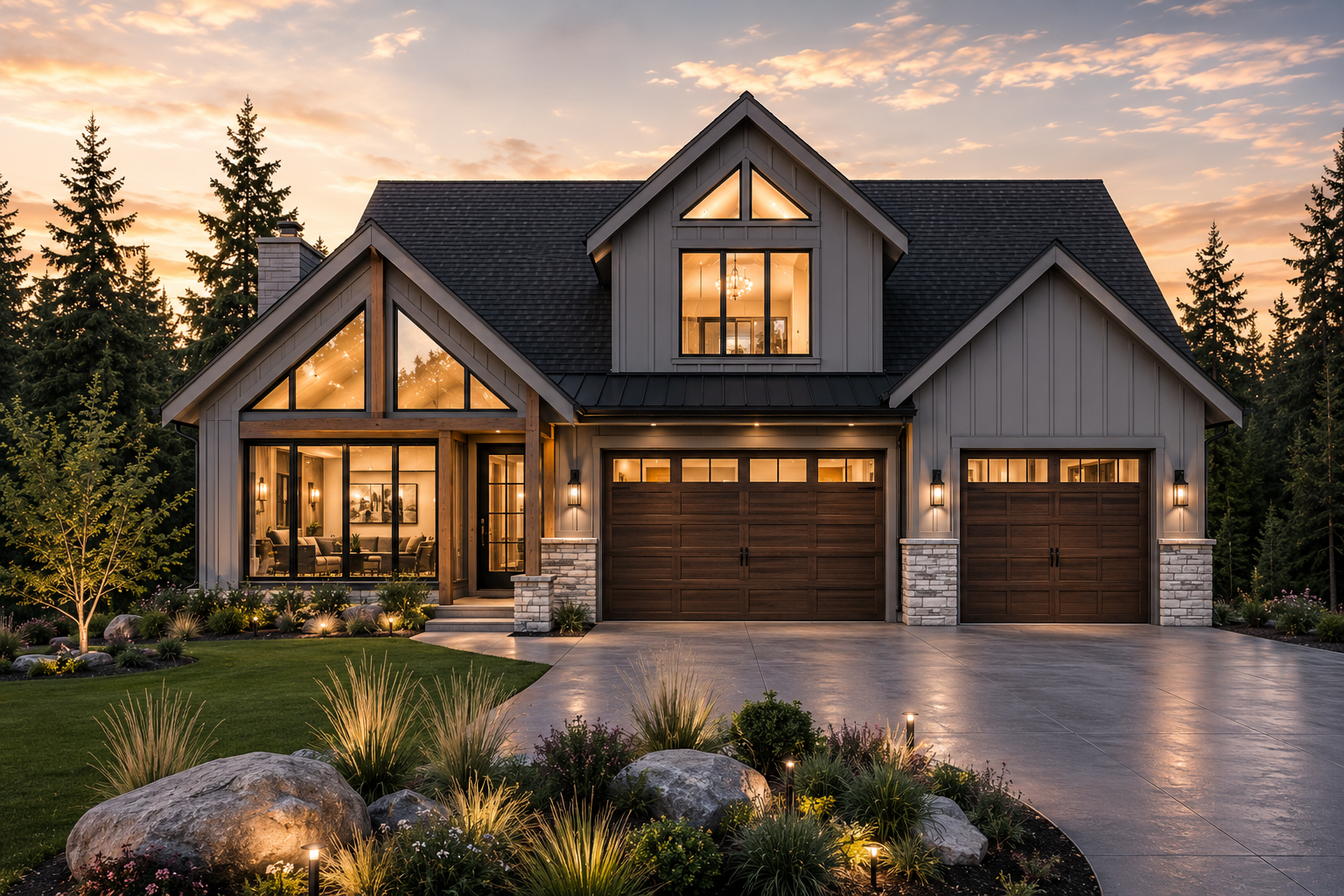 Modern two-story house with large windows illuminated inside, stone and wood exterior, surrounded by landscaped garden with rocks, shrubs, and trees at sunset.