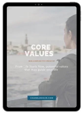 E-book cover with a woman looking out over a body of water, titled 'Core Values' with subtext about life potential values, and the website 'chaneldokun.com' at the bottom.