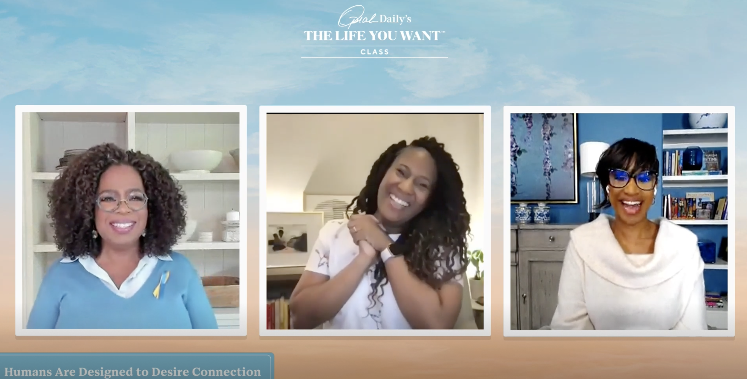 Three women participating in a virtual video conference, smiling and engaging with each other from different home offices or rooms.