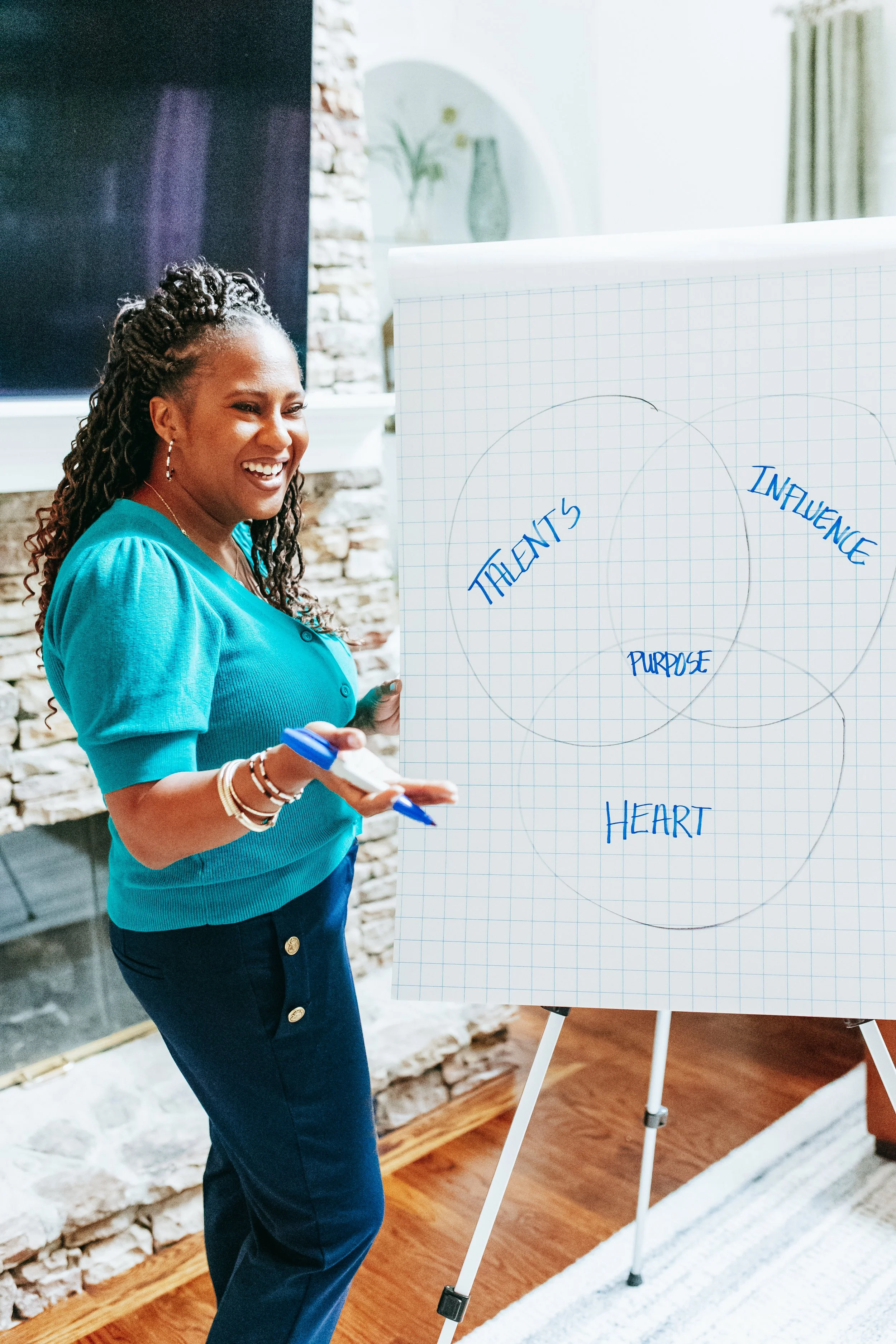 A woman with dark skin and curly hair in a teal top and dark pants is smiling while holding a marker, standing next to a whiteboard on an easel. The whiteboard has circles with handwritten words: 'Talents,' 'Influence,' 'Purpose,' and 'Heart.' The setting appears to be a room with a stone wall, fireplace, and decorative items in the background.