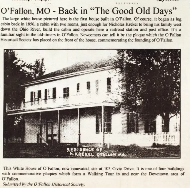 Black and white newspaper scan of historic krekel house in O'Fallon Missouri