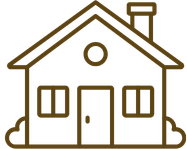 Outline of a house with a chimney, circular window, two front windows, and a door