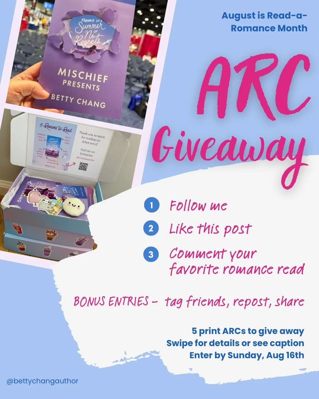 📚✨ ARC GIVEAWAY! ✨📚
📢Update: Giveaway is now closed and winners have been notified. I had way more interest than I expected! Thank you all so much!! 🩷💜🩵

August is Read-a-Romance Month, so I&rsquo;m giving away 5 print ARCs of FRANKIE LU&rsquo;