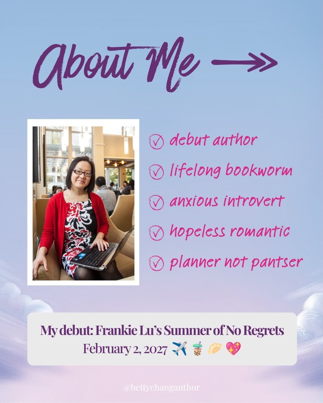I realized I forgot to introduce myself! 👀 Hi! I&rsquo;m Betty &mdash; debut author and lifelong bookworm (genuinely my nickname since the first grade). My YA romcom is about a girl whose summer famcation in Taipei takes an unexpected turn when she&