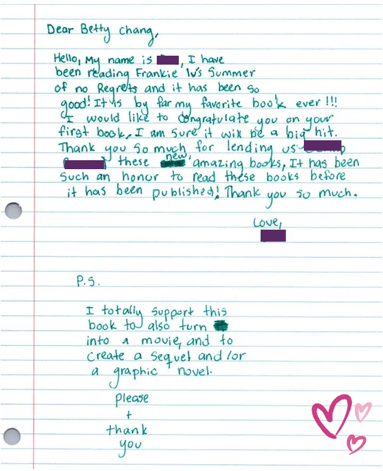 Handwritten letter on lined notebook paper with pink and purple heart doodles at the bottom right corner, expressing appreciation for "Frankie Lu's Summer of No Regrets" by Betty Chang.