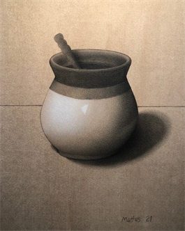 Charcoal and graphite still life drawing of a ceramic pot.