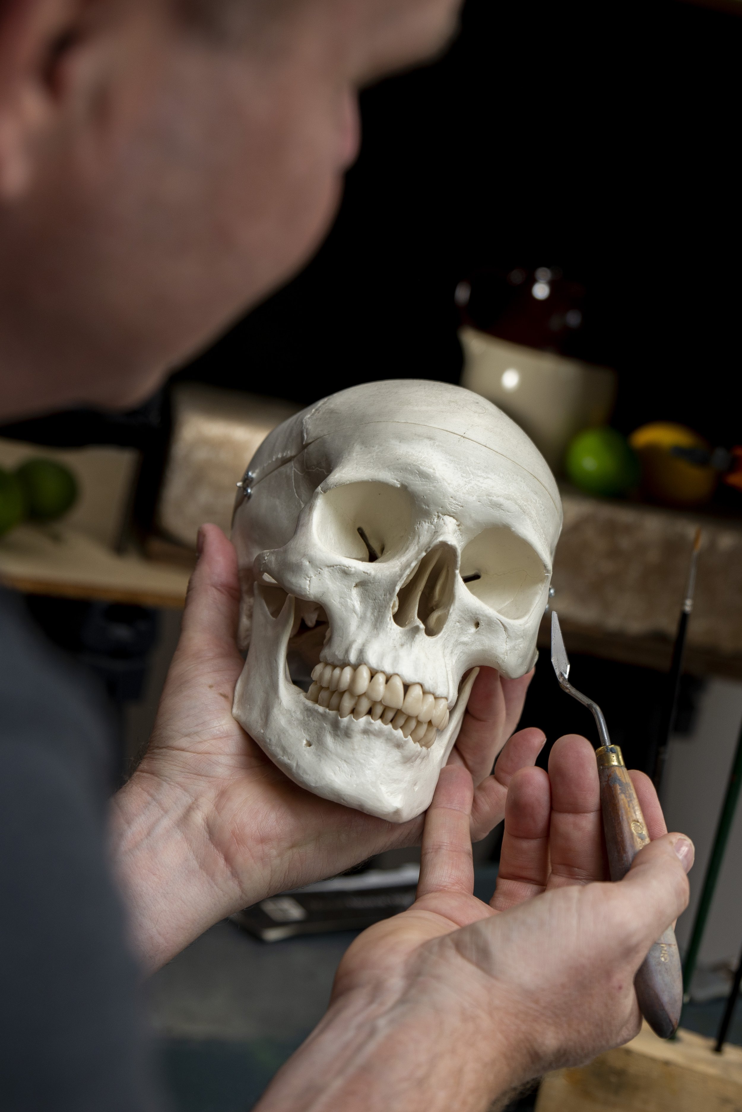 Hand holding a skull model used for classical art study.