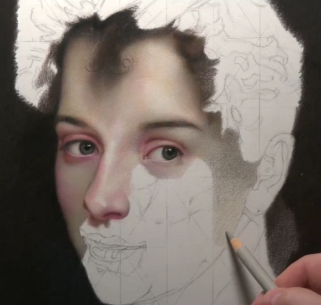 Colored pencil portrait drawing in progress, from initial sketch to finished rendering.