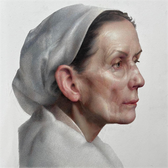 Realistic colored pencil portrait drawing of a woman in profile.