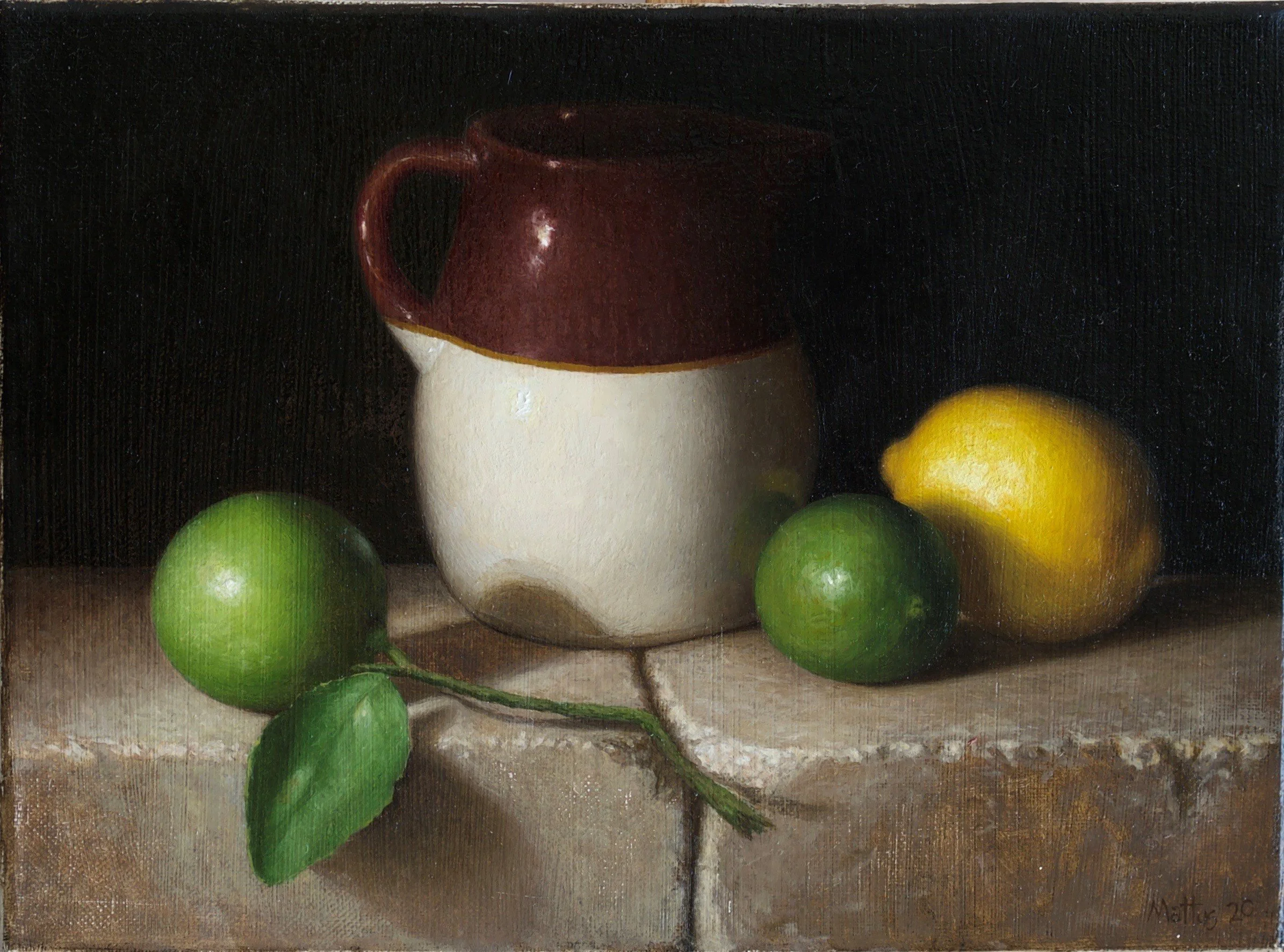 Classical still life painting of a ceramic pitcher, limes, and lemon