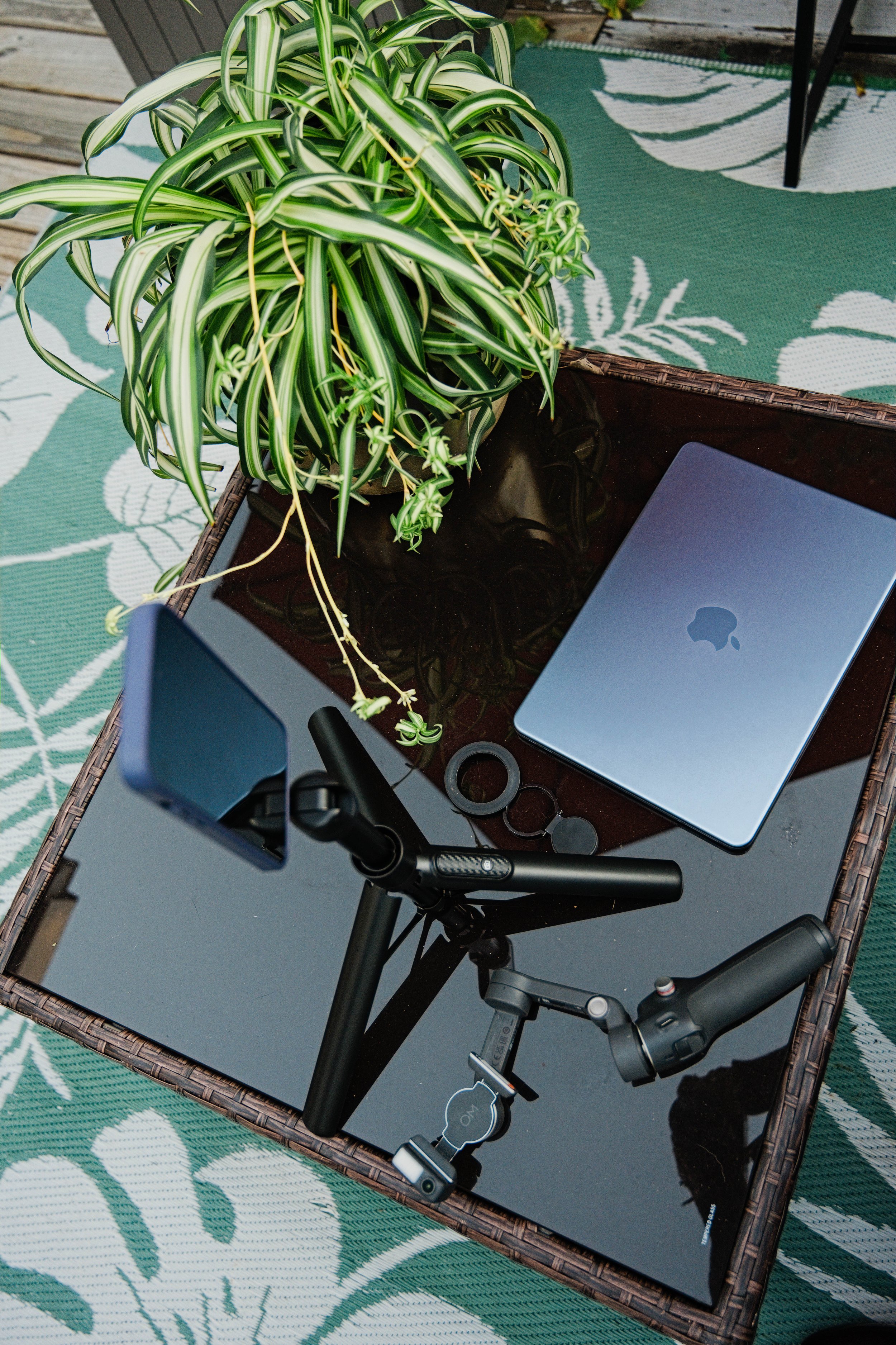 Open Sign Socials content day gear: iPhone on tripod, gimbal and laptop for Boston small business social media