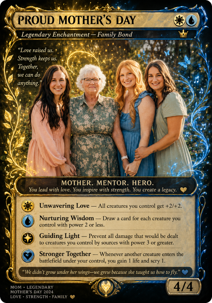 This is a fantasy-style card titled "Proud Mother's Day" depicting four women standing together, representing family bonds. The card includes text about love, strength, and inspiration, with various abilities listed. The background shows a festive sc