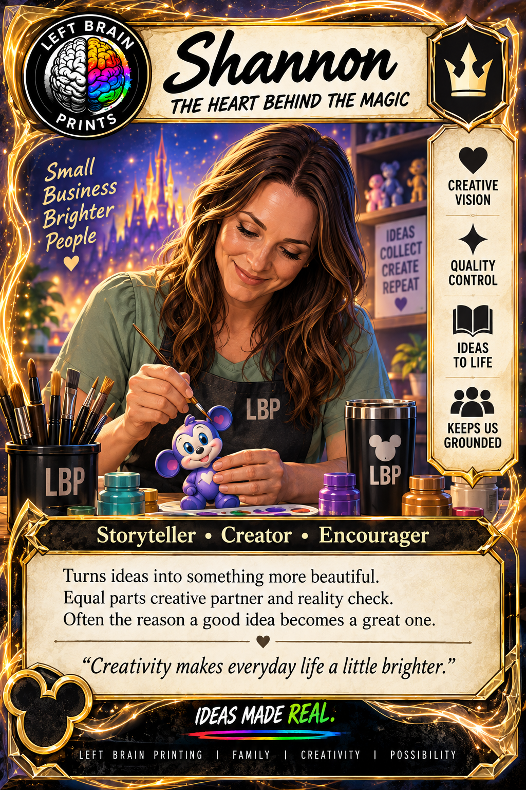 A woman painting a cute bear figurine with purple and white colors in a creative workspace decorated with fairy lights and a castle in the background. The image includes text highlighting traits like storytelling, creativity, and encouragement.
