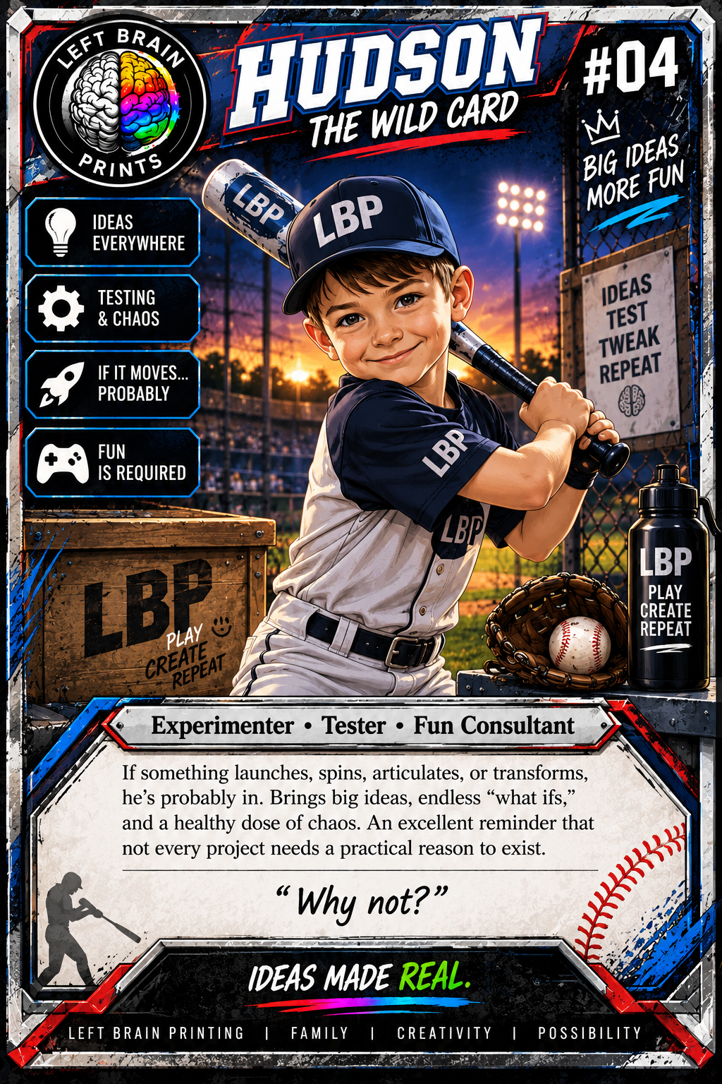 A young boy in a baseball uniform and cap holding a bat at a baseball field during sunset. The scene includes motivational posters, a baseball glove and ball, a water bottle, and a wooden crate with 'LBP' and 'Play Create Repeat' written on it. The card has decorative elements and text describing him as an experimenter, tester, and fun consultant.