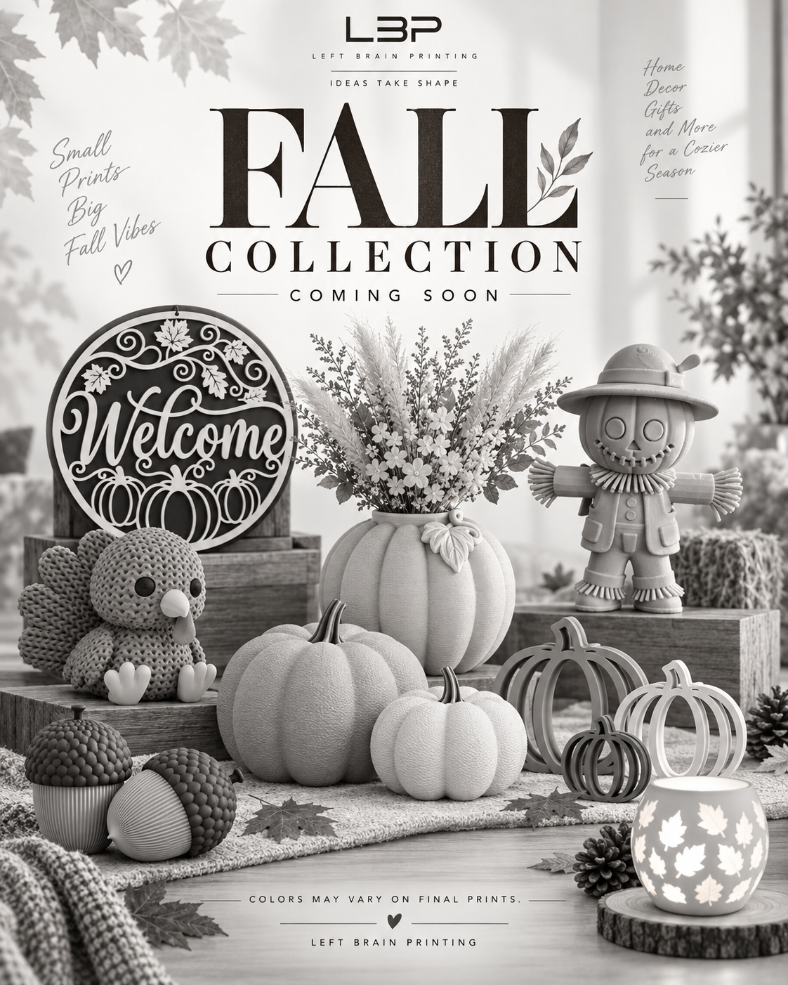Decorative fall display featuring pumpkins, a welcome sign, a pumpkin-shaped vase with flowers, a scarecrow figure, a crocheted turkey, and various autumn-themed items with a sign promoting a fall collection coming soon.
