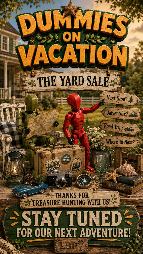 A decorative sign for a yard sale themed "Dummies on Vacation" with vintage and adventure items like a toy car, camera, lantern, and travel gear, surrounded by wooden directional signs with travel questions, outdoors setting with trees and a house in the background.