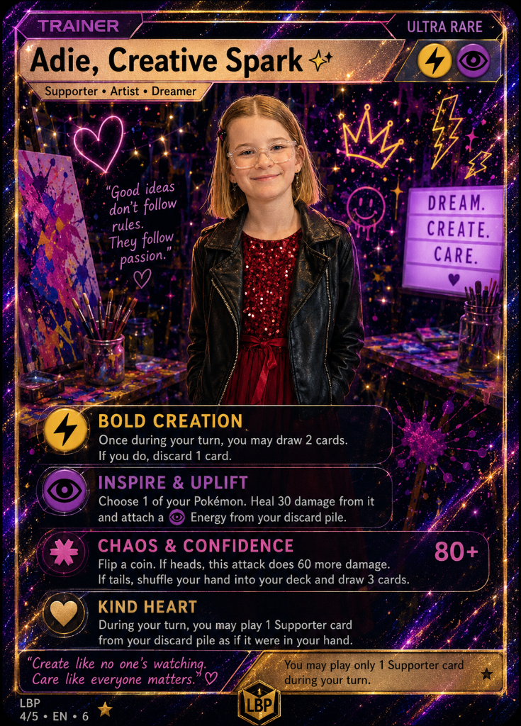 A Pokémon trading card featuring Adie, Creative Spark, an ultra rare Trainer card. The card has a purple and gold cosmic background with neon-style drawings of a heart, crown, smiley face, and lightning bolts. A young girl with shoulder-length blonde