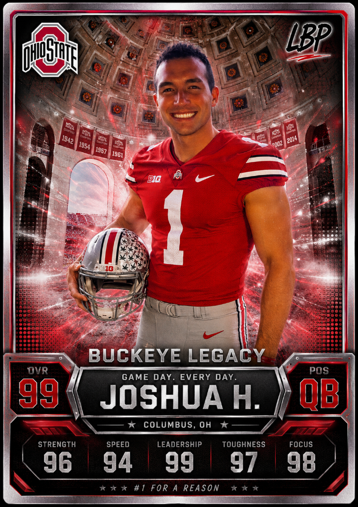 Football trading card of Joshua H., quarterback for Ohio State Buckeyes. He is wearing a red football uniform and holding a helmet. The background features an indoor stadium with banners and banners honoring past championships. The card displays his 