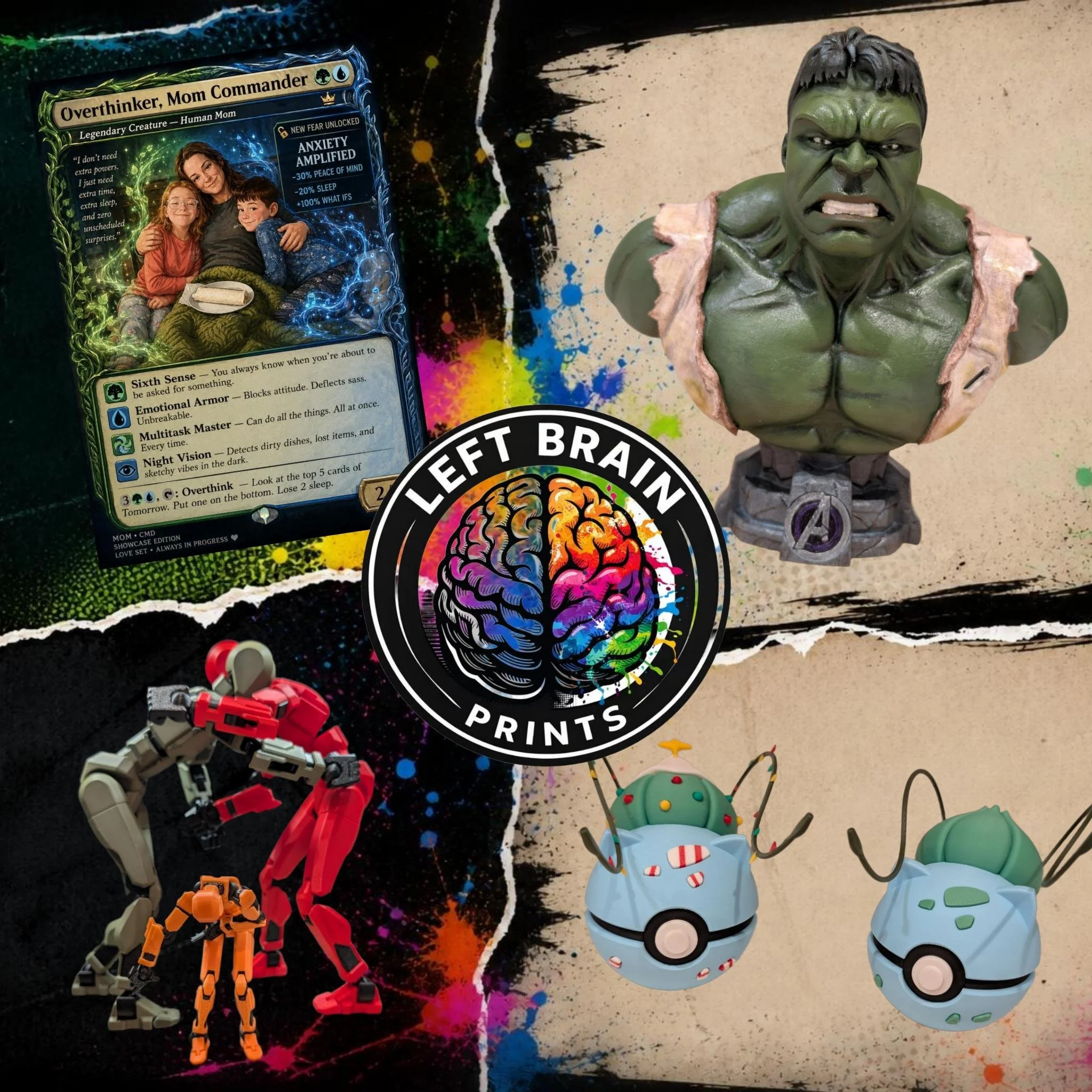 Left Brain Printing project collage featuring custom collectible cards, 3D-printed products, painted figures, and family-made creative projects in Central Ohio.