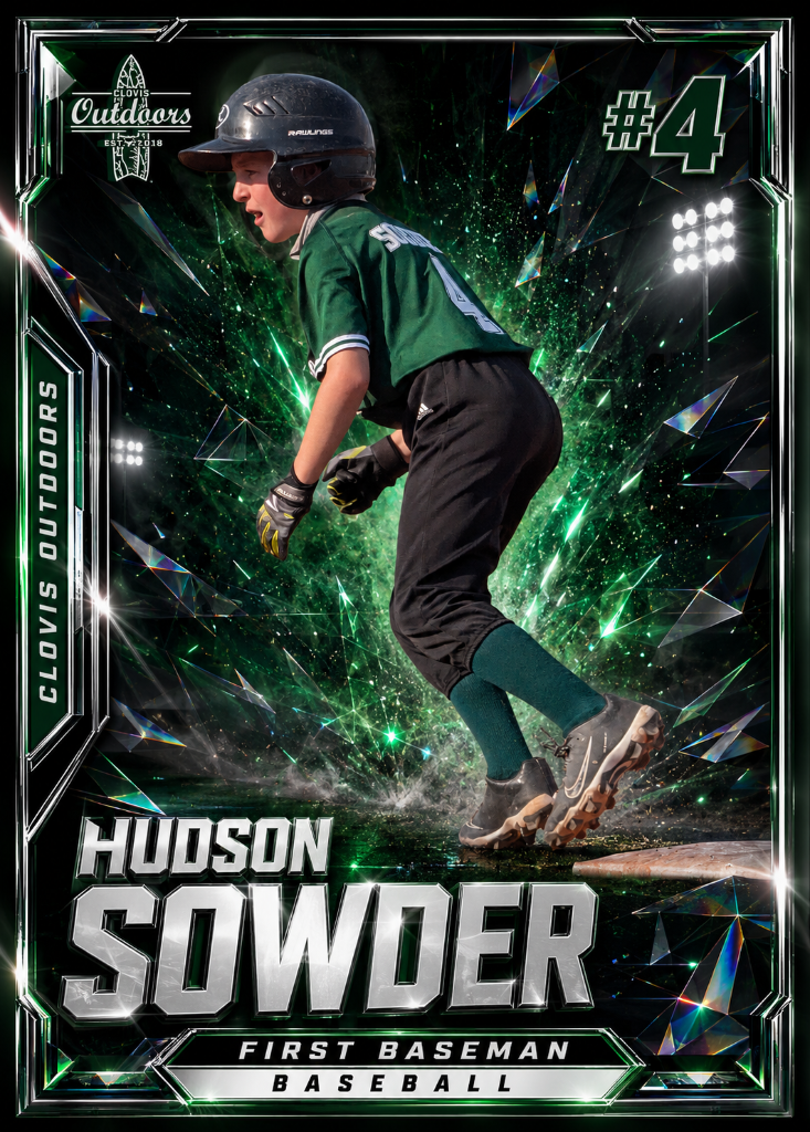 A young baseball player is in a dynamic pose on the field, wearing a green jersey with the number 4 and black pants, with a black helmet and grey cleats. The background features a vibrant green digital explosion and sparkling effects, suggesting a sp