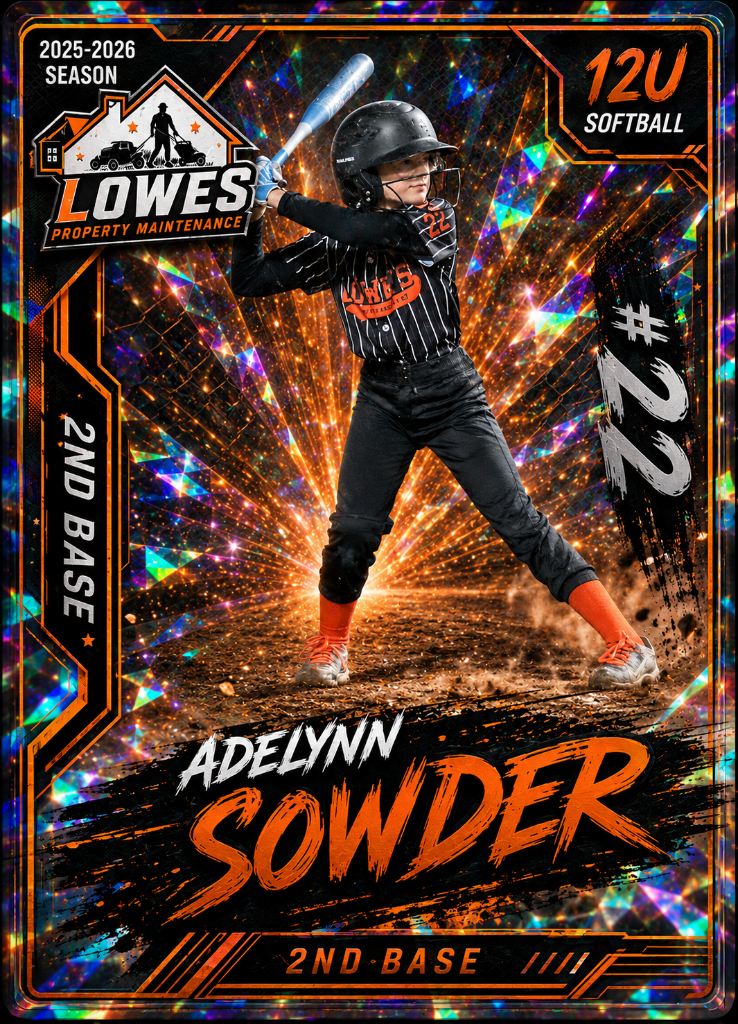 A young girl in a baseball uniform, wearing a helmet and batting stance, holding a bat. The background features bright, colorful, starburst-like effects and digital patterns. The card contains details about the 2025-2026 softball season, 12U age grou