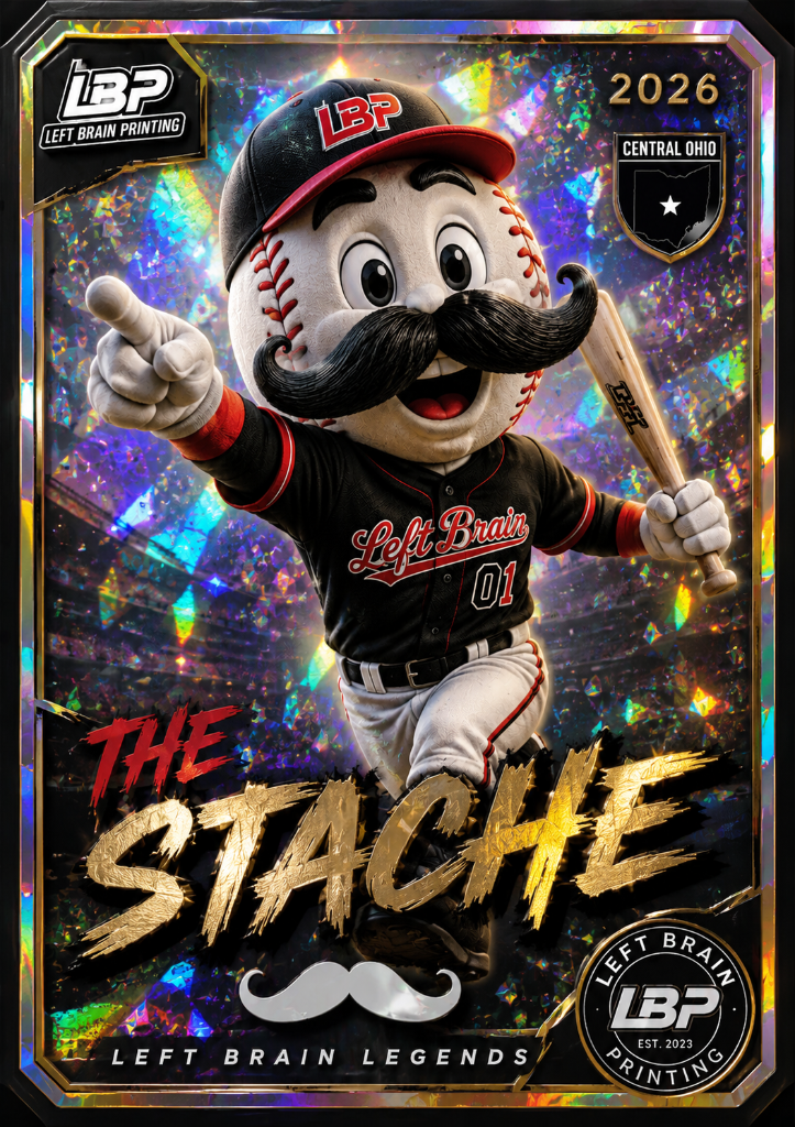A cartoon baseball mascot with a large mustache, wearing a baseball uniform and cap, pointing forward and holding a bat. The background is holographic and colorful, with text reading 'The Stache' in bold gold letters and additional branding and logos