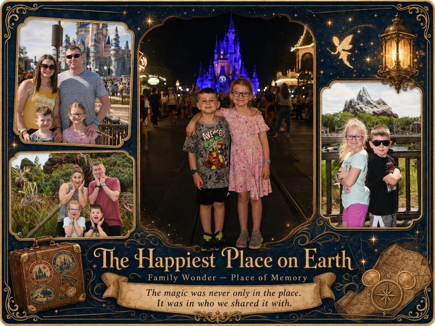 Collage of five photos of a family at Disneyland, featuring various rides and scenic spots, with the central photo showing two children smiling in front of the Disney castle at night. The collage has a decorative border with a suitcase, a lantern, a 