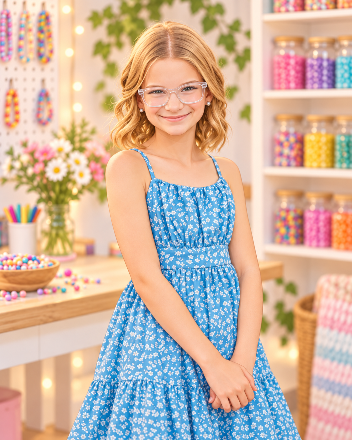 A young girl with blonde hair, glasses, and earrings, smiling in a colorful craft or candy store, wearing a blue dress with white floral patterns.