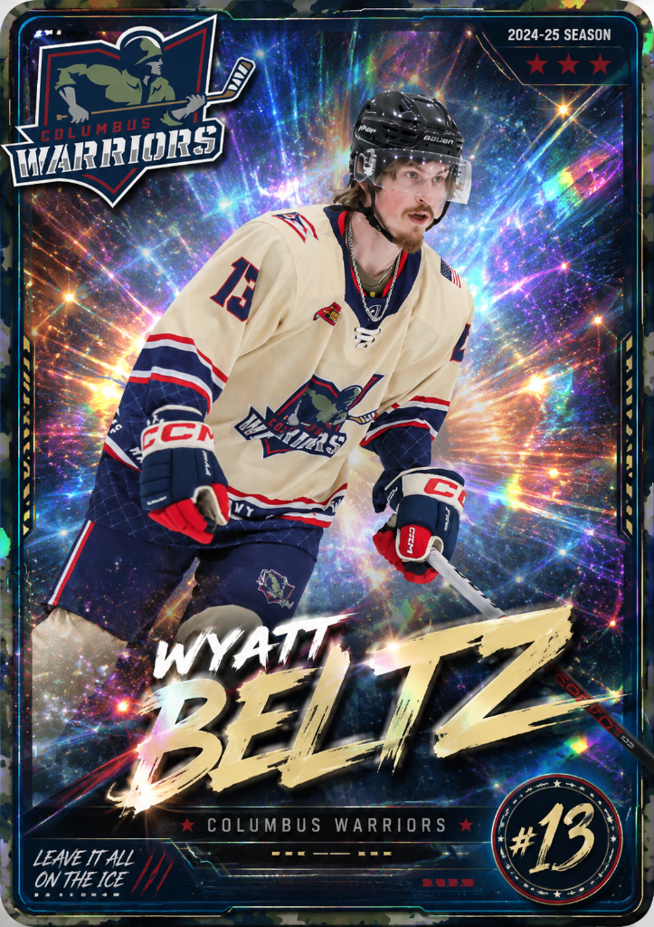 Hockey trading card featuring Wyatt Beltz with Columbus Warriors logo, wearing hockey gear and uniform, set against a colorful, cosmic background with stars and lights, season 2024-25, number 13.