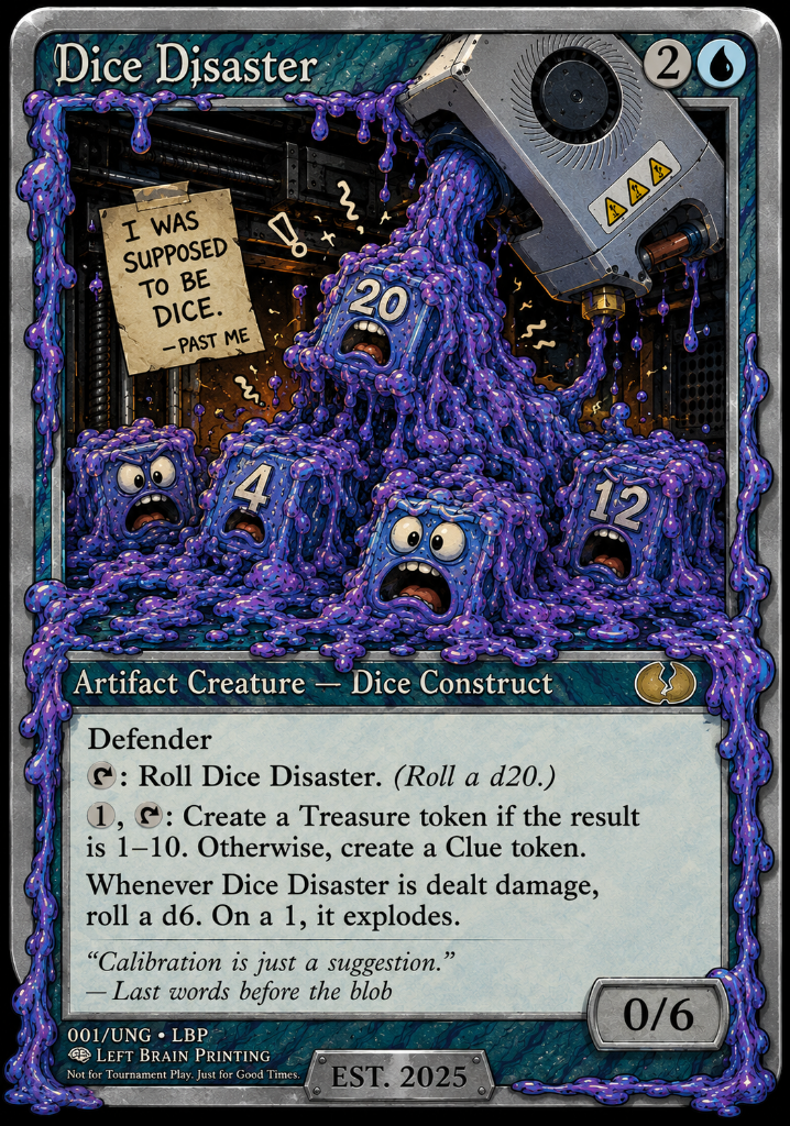 A Magic: The Gathering card titled 'Dice Disaster' depicting a machine spewing out melted, animated dice with facial expressions, purple slime, and a note that reads "I WAS SUPPOSED TO BE DICE. - PAST ME."