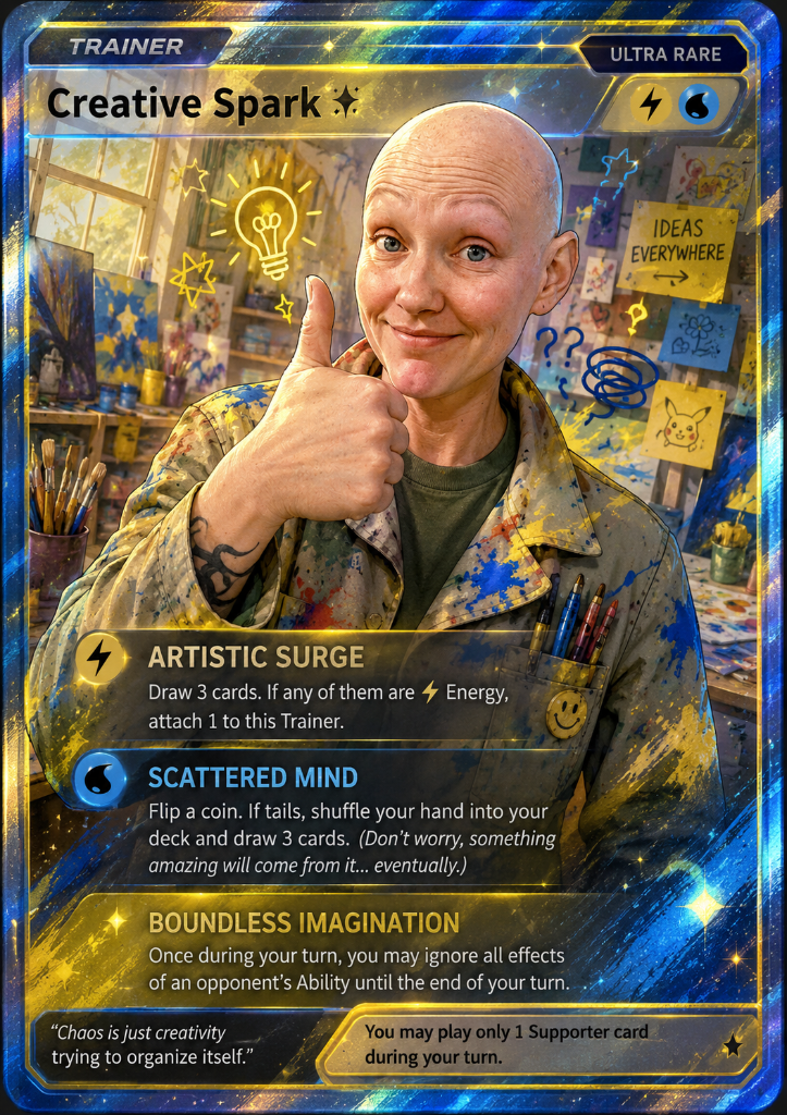 A person with a shaved head in a colorful art studio holding up a thumb, smiling. The card is a Pokémon Trainer card called "Creative Spark" with an illustration of a bright idea light bulb and artwork supplies in the background.