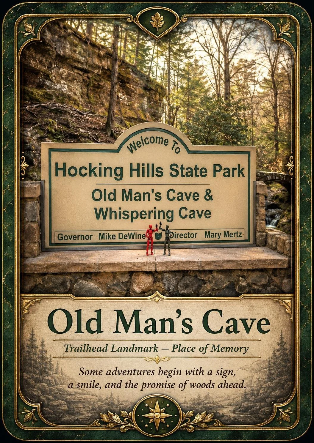 Sign at Hocking Hills State Park featuring Old Man's Cave and Whispering Cave, with miniature figures in front of the sign.