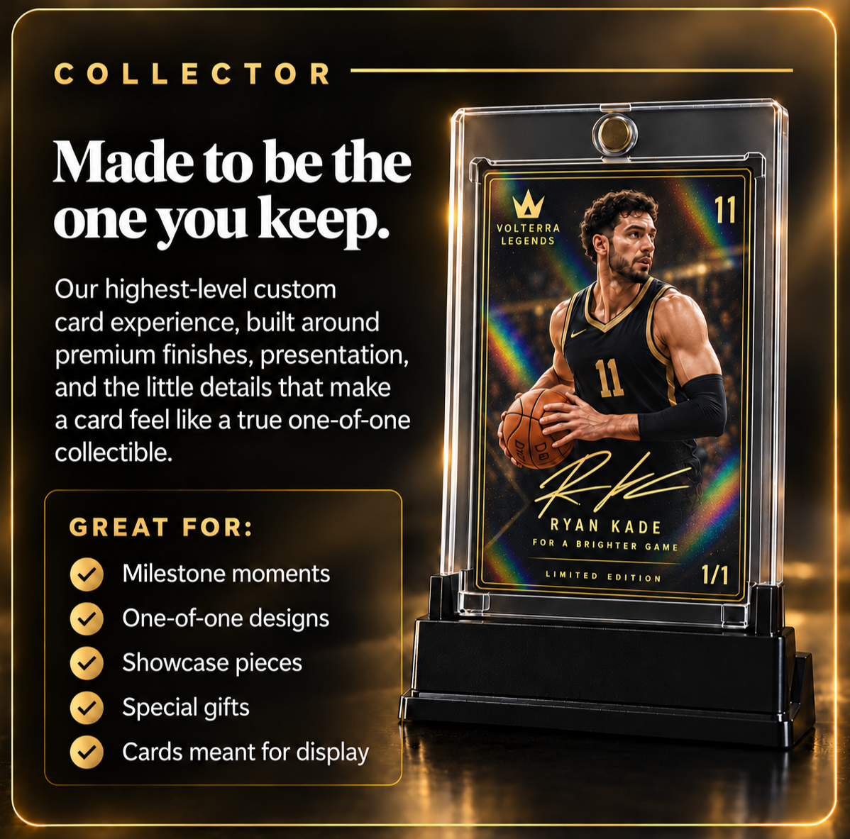 A promotional display for collectible custom cards features a basketball player, Ryan Kade, in a black and gold uniform, holding a basketball with a holographic background. The display highlights the card's limited edition status and high-quality finishes.