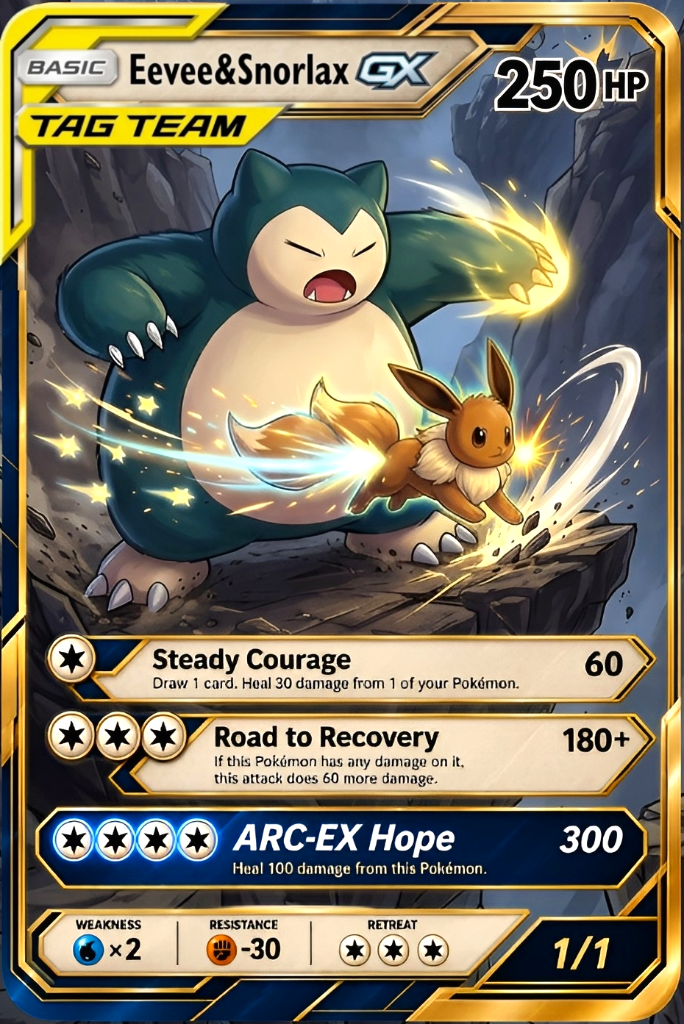 Eevee and Snorlax Pokémon card from the GX tag team series with 250 HP. Features a Snorlax using an attack called ARC-EX Hope, and Eevee depicted in an action pose with a glowing tail, on a rocky terrain background.