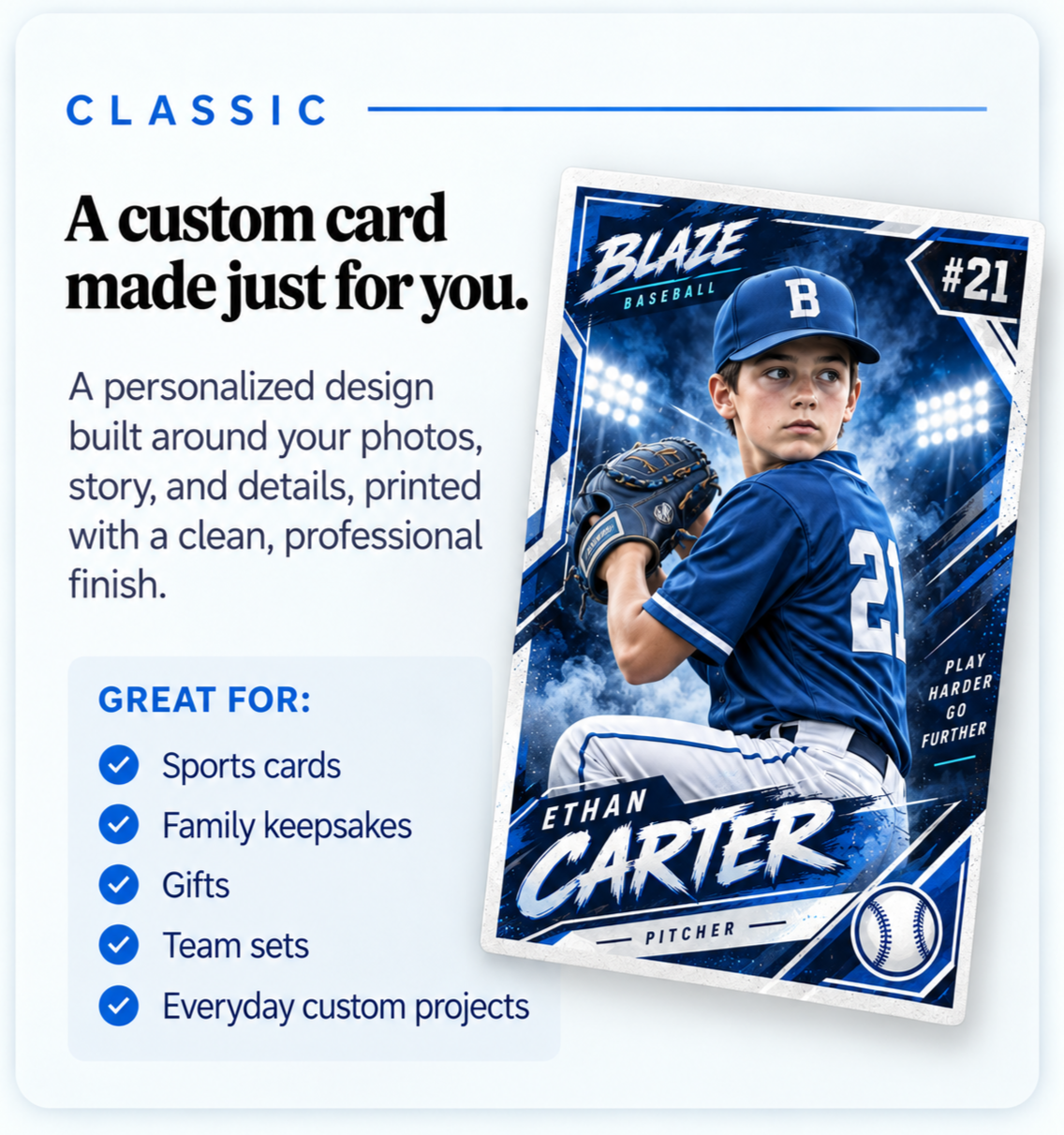 Advertisement for custom sports cards featuring a young baseball player in a blue uniform with the name Ethan Carter and the number 21, with text describing personalized card design services.