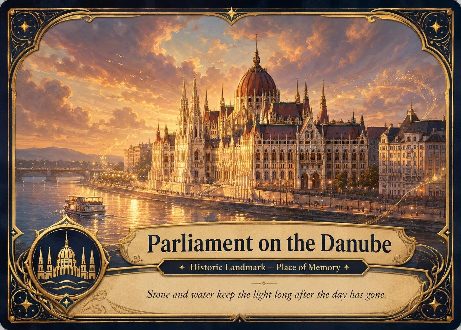 A picture of the Hungarian Parliament Building on the Danube River during sunset with a boat on the water, and a decorative border with text reading "Parliament on the Danube," "Historic Landmark—Place of Memory," and a quote about stone and water.
