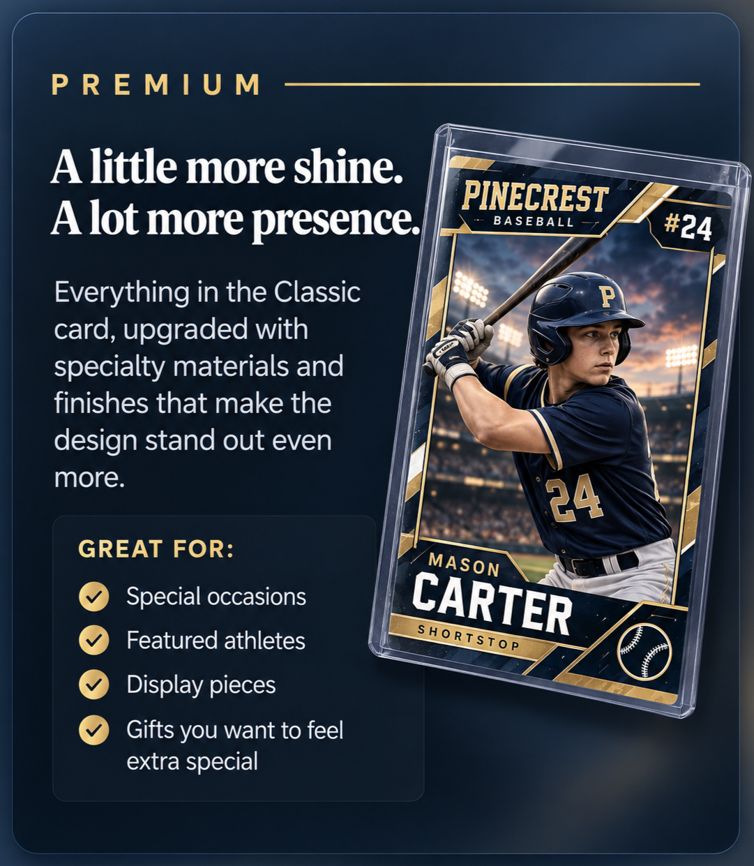 Advertisement for premium sports trading cards featuring a baseball player in action, with text highlighting the product's high-quality materials and ideal for special occasions, featured athletes, display pieces, and gifts.
