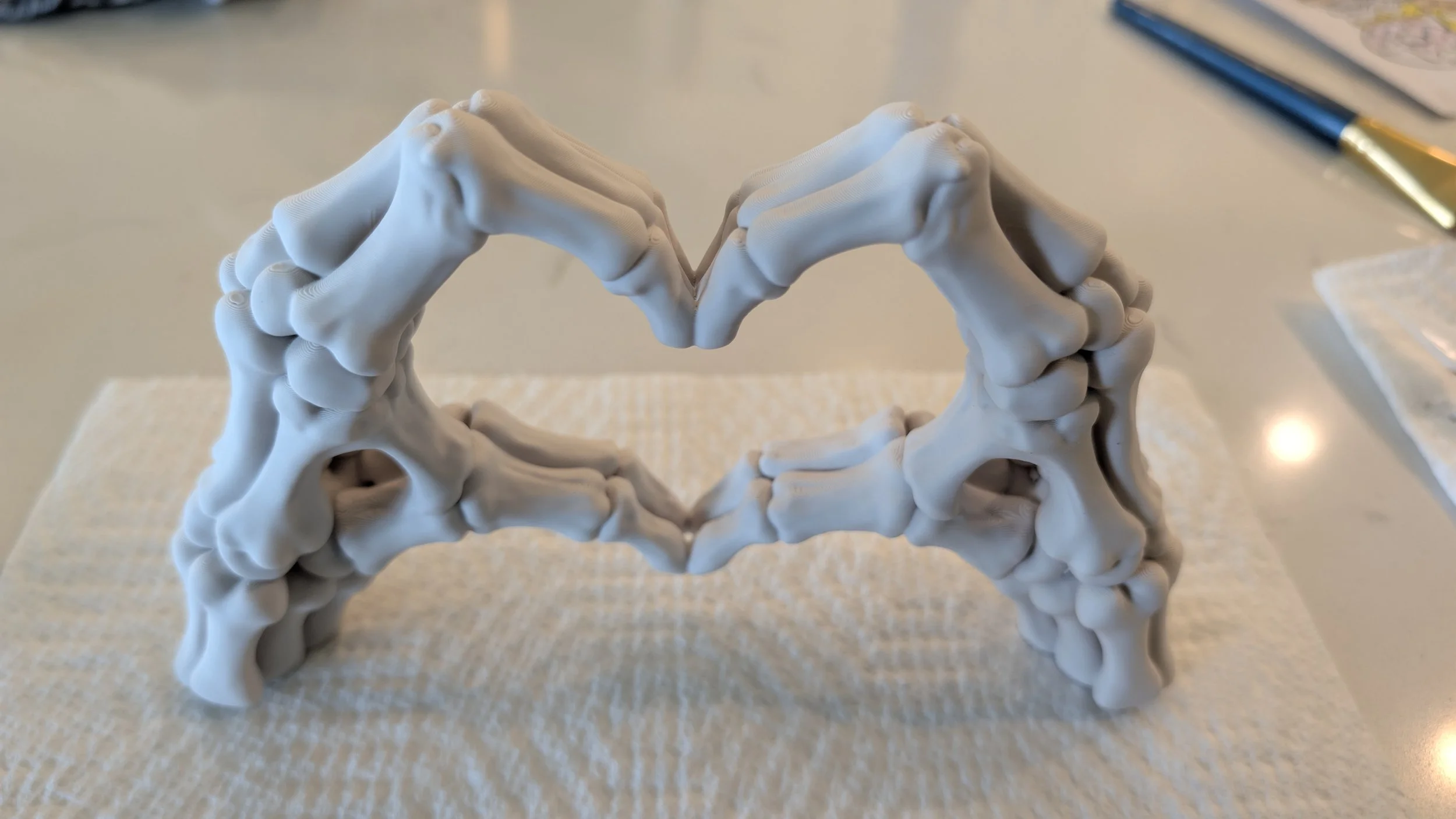 A white plastic or ceramic model of a human pelvis, framing a heart shape with the hands.