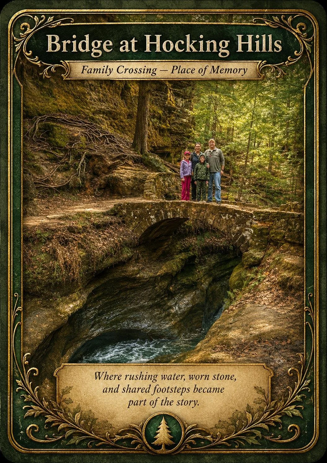 A family of four stands on a small stone bridge over a stream in a wooded area, with trees and rocks surrounding them.
