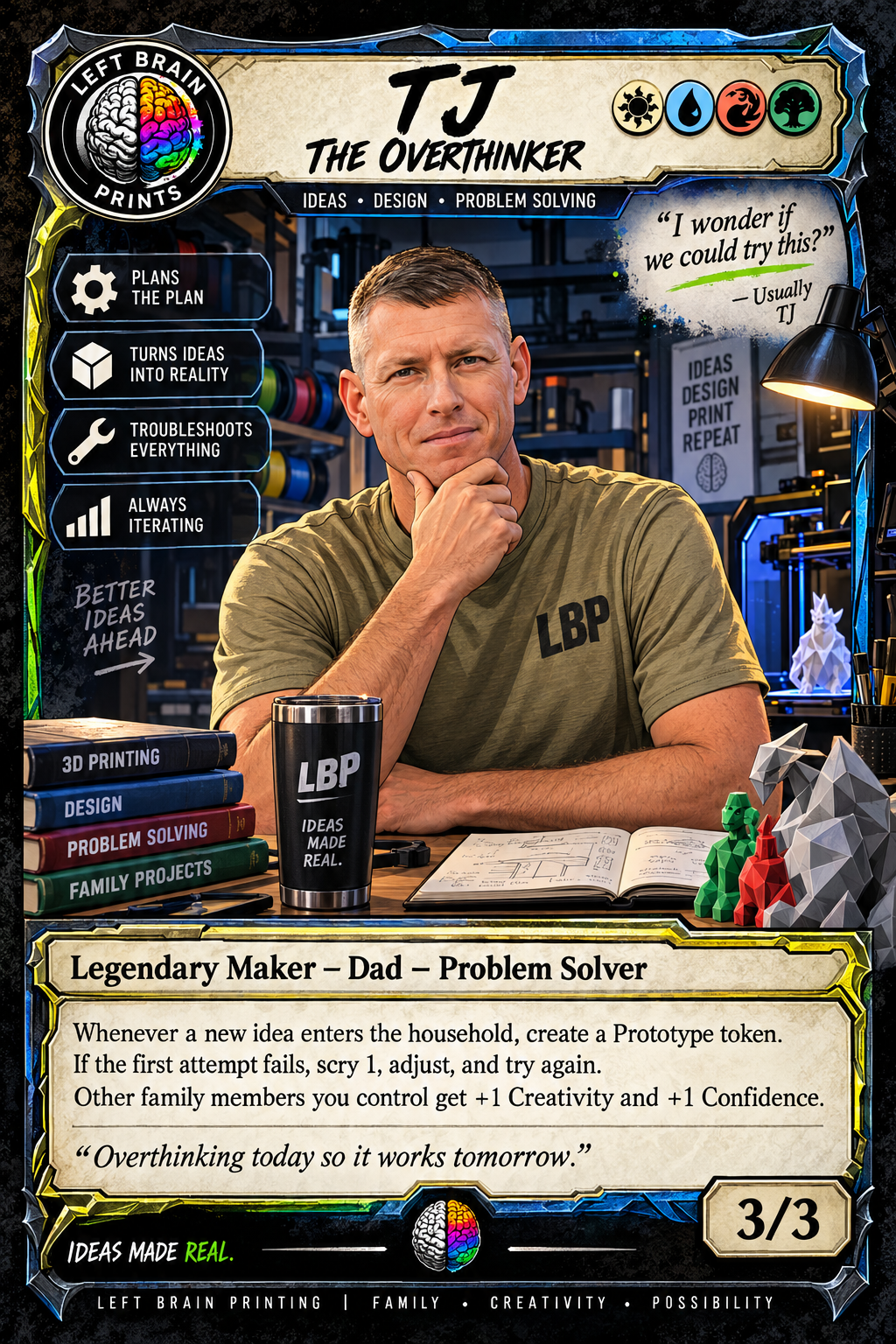 A man sitting at a desk in a workshop or studio, surrounded by books, toys, and 3D printing equipment. The image includes design and problem-solving themes, with a quote about trying new ideas.