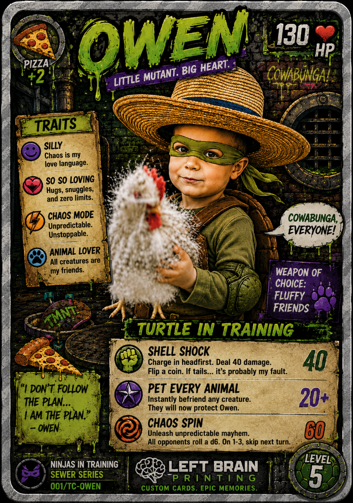 A collectible trading card featuring Owen, a young boy dressed as a ninja turtle, wearing a large straw hat and holding a white chicken. The card has a green, black, and purple theme with traits such as 'SILLY,' 'SO SO LOVING,' 'CHAOS MODE,' and 'ANI