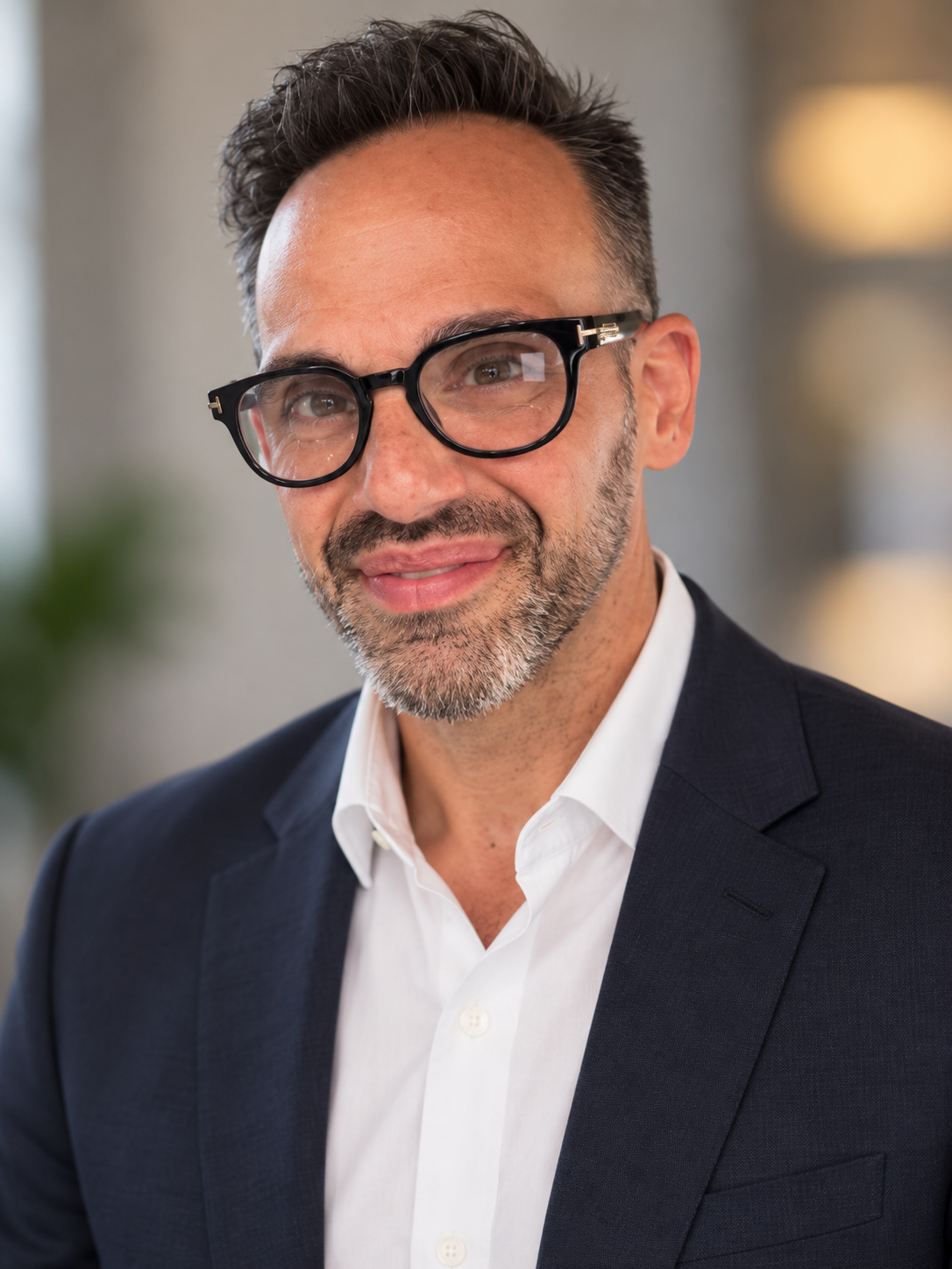A middle-aged man with salt-and-pepper hair and beard, wearing black glasses, a white shirt, and a dark suit, smiling in an indoor setting.