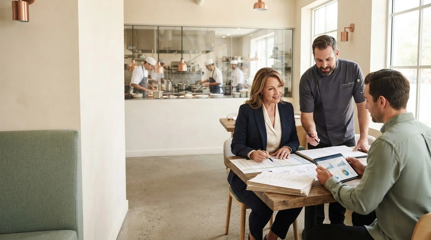 Three people, two men and one woman, sit and stand around a wooden table with papers and a tablet, having a discussion at a restaurant or café. Behind them, a glass wall reveals chefs working in the kitchen.