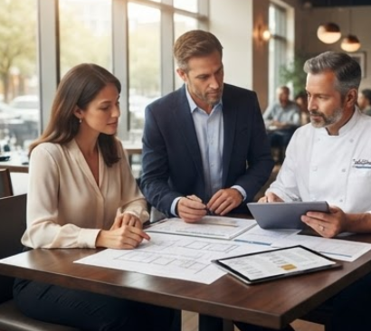 People reviewing architectural plans at a restaurant table with a chef showing a tablet