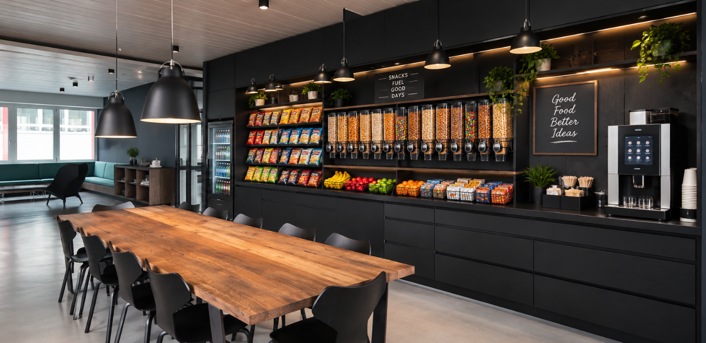 A cafe breakfast area with a long wooden table surrounded by black chairs, a snack and cereal station along the black wall with dispensers, packaged snacks, fresh fruit, and a coffee machine.