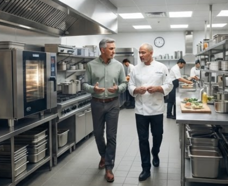 Two men walking and talking in a professional kitchen with stainless steel appliances, shelves, and chefs preparing food in the background.