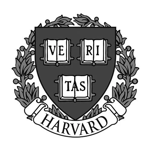 Black-and-white Harvard University crest with open books spelling “VERI TAS,” surrounded by laurel leaves and a HARVARD banner