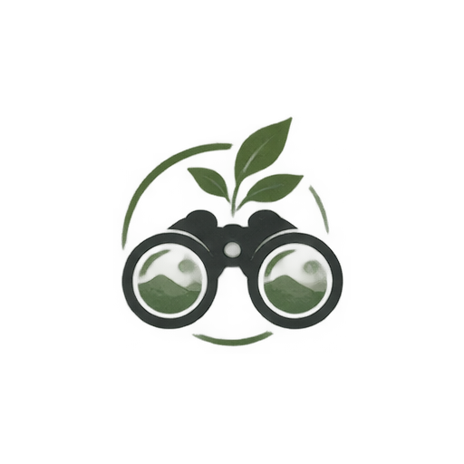 Binoculars with leafy botanical design and green landscape reflections